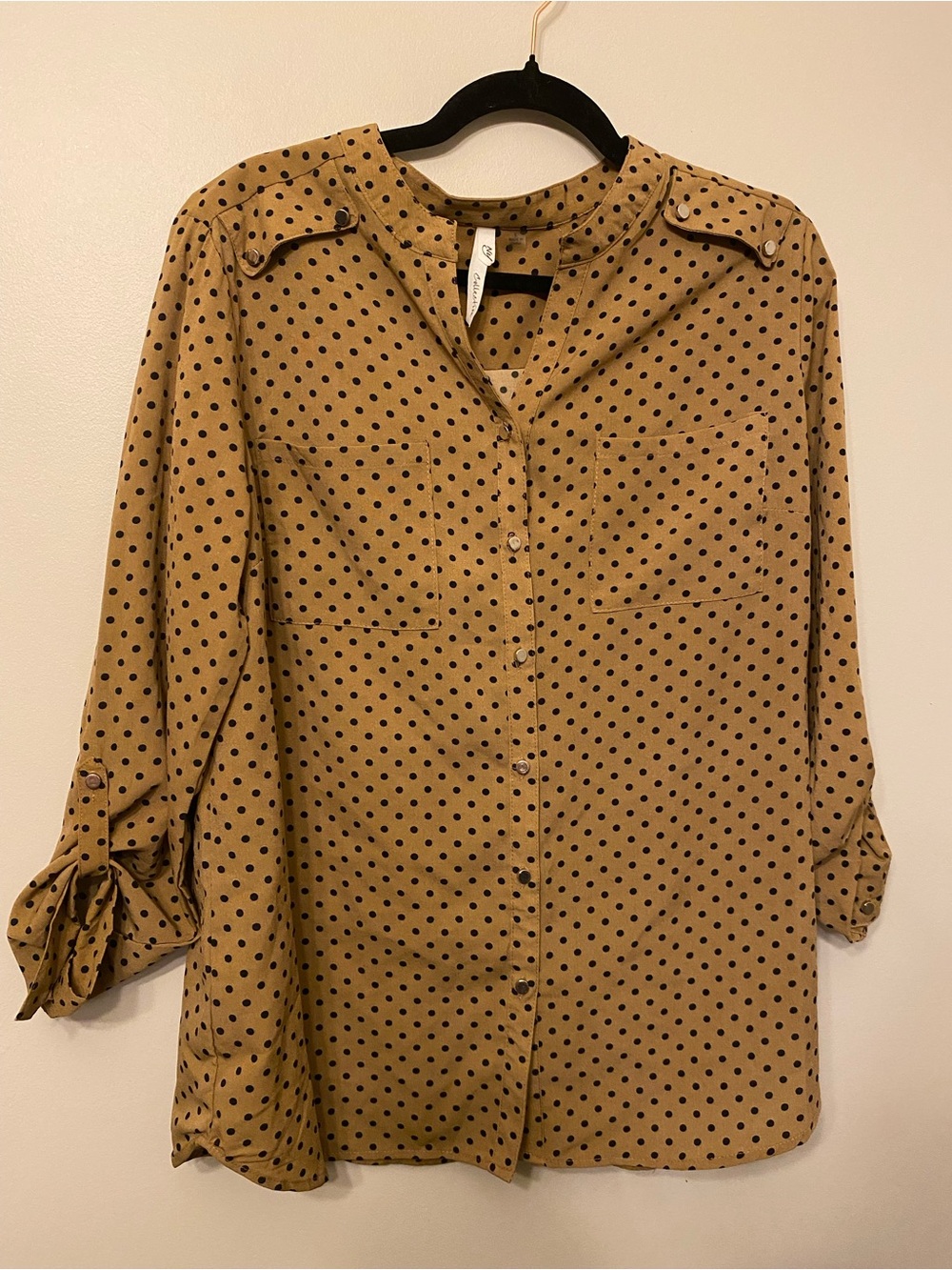 NY Collection Tan Polka Dot Button-Down Blouse with Black Dots